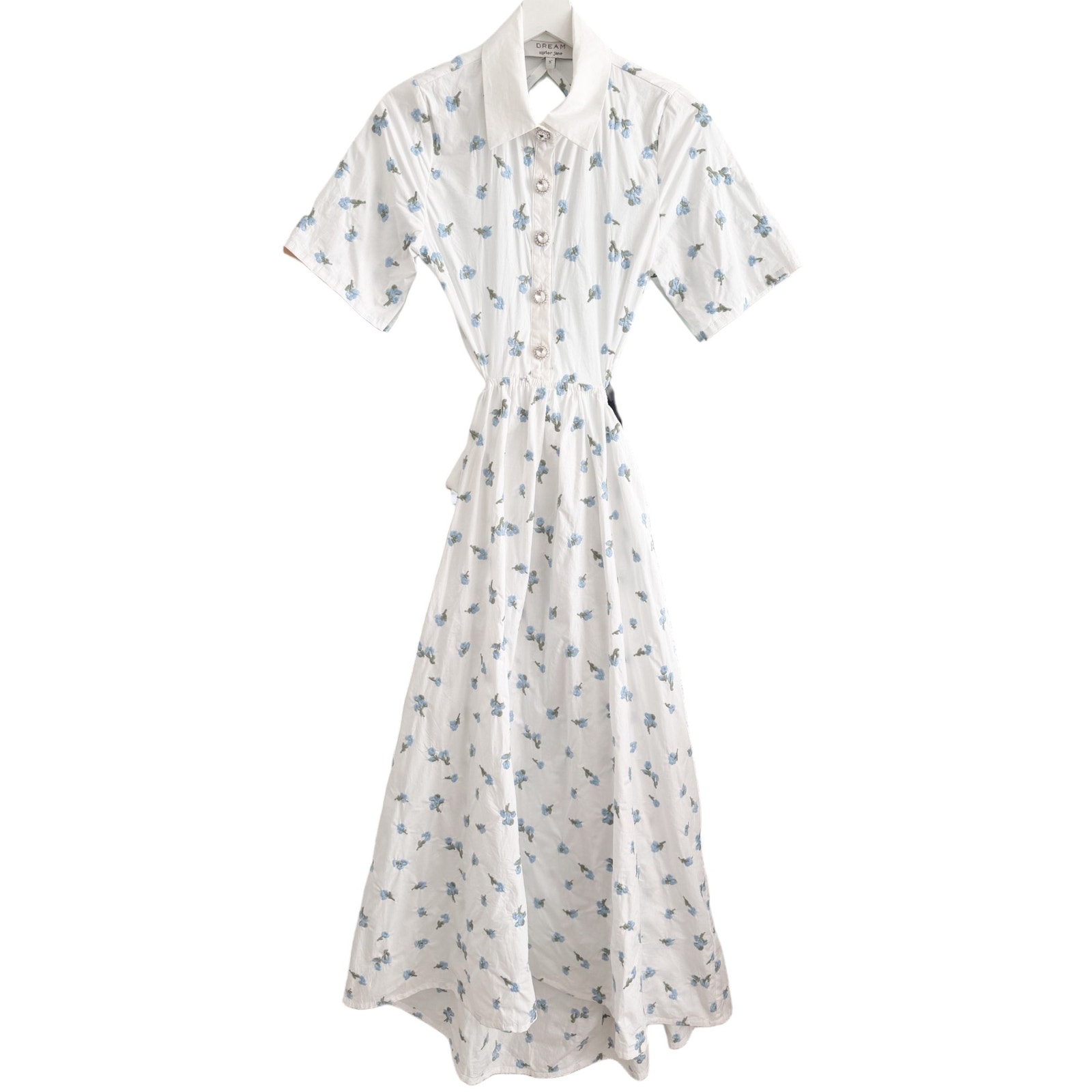 Sister Jane Lapis Shell Midi Shirtdress Rhinestone Buttons Open Back Nwt Small — image 3 of 8